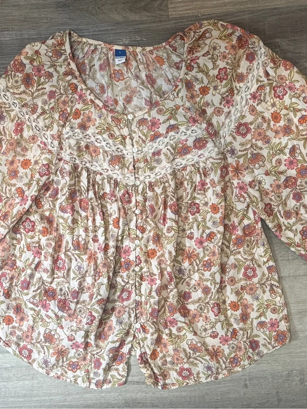 Old Navy Floral Lace-Trim Button-Front Blouse Puff Sleeves - White/Pink/Green
